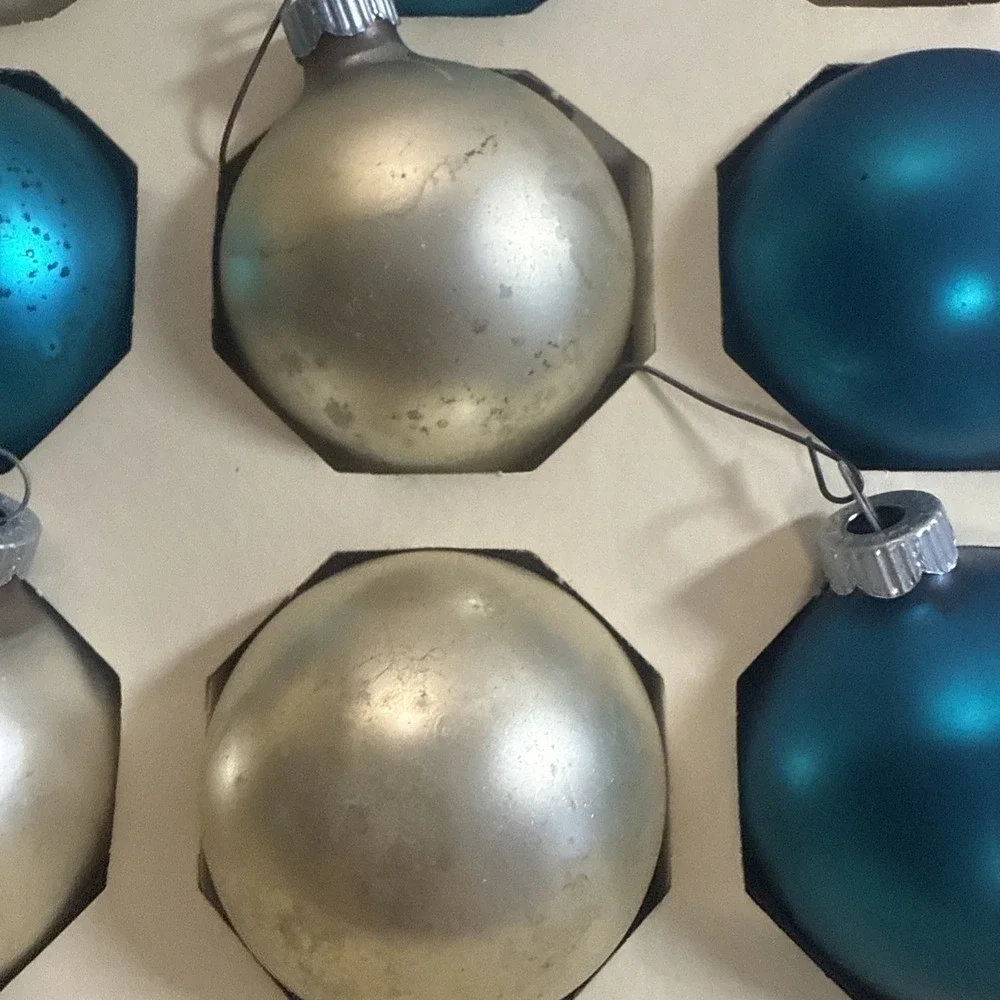 Shiny Brite Christmas ornaments (11), blue And Silver, in box‎ VINTAGE